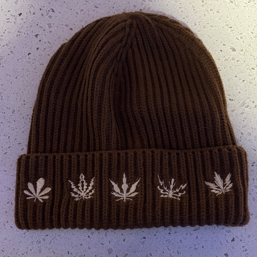 Brown Knit Beanie with Leaf Embroidery